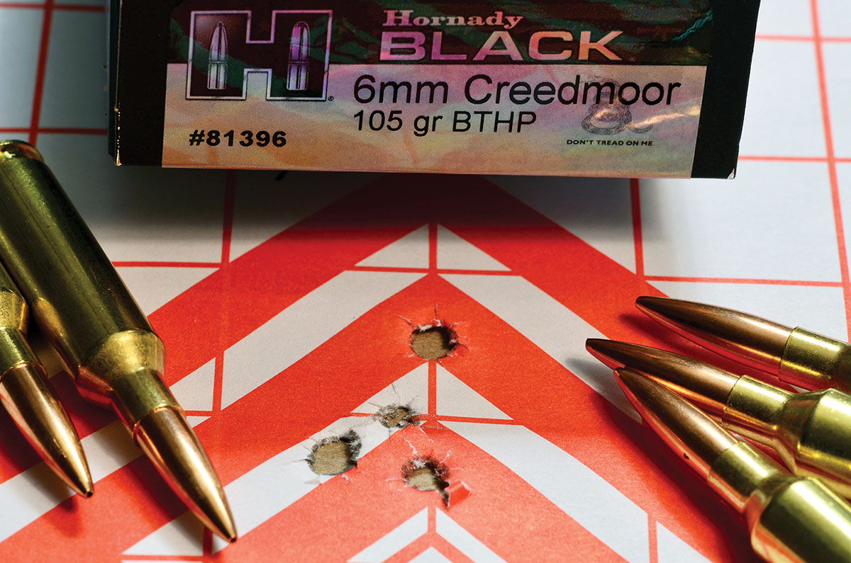 Five shots (not three) into .987 inch, with Hornady Black 6mm Creedmoor, 105-grain BTHP bullets.
